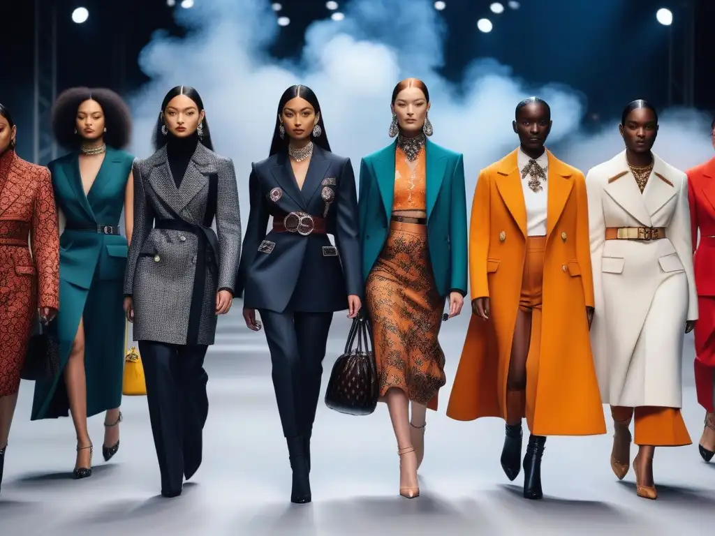 Desfile inclusivo de Prada: diversidad en la moda Una pasarela de moda inclusiva con modelos de diferentes tamaños, etnias y habilidades, luciendo diseños vanguardistas de Prada
