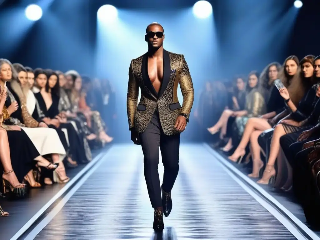 Desfile de moda inclusiva: diversidad y glamour en la pasarela Una pasarela de moda inclusiva con modelos de diversas formas y etnias desfilando con elegancia en diseños de Roberto Cavalli