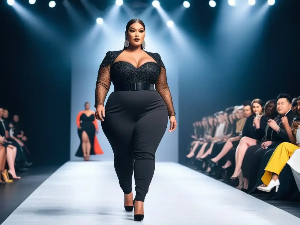 Desfile de moda plus size: empoderamiento y diversidad Una pasarela de moda inclusiva con modelos de tallas especiales desfilando con estilo, reflejando la industria de la moda inclusiva