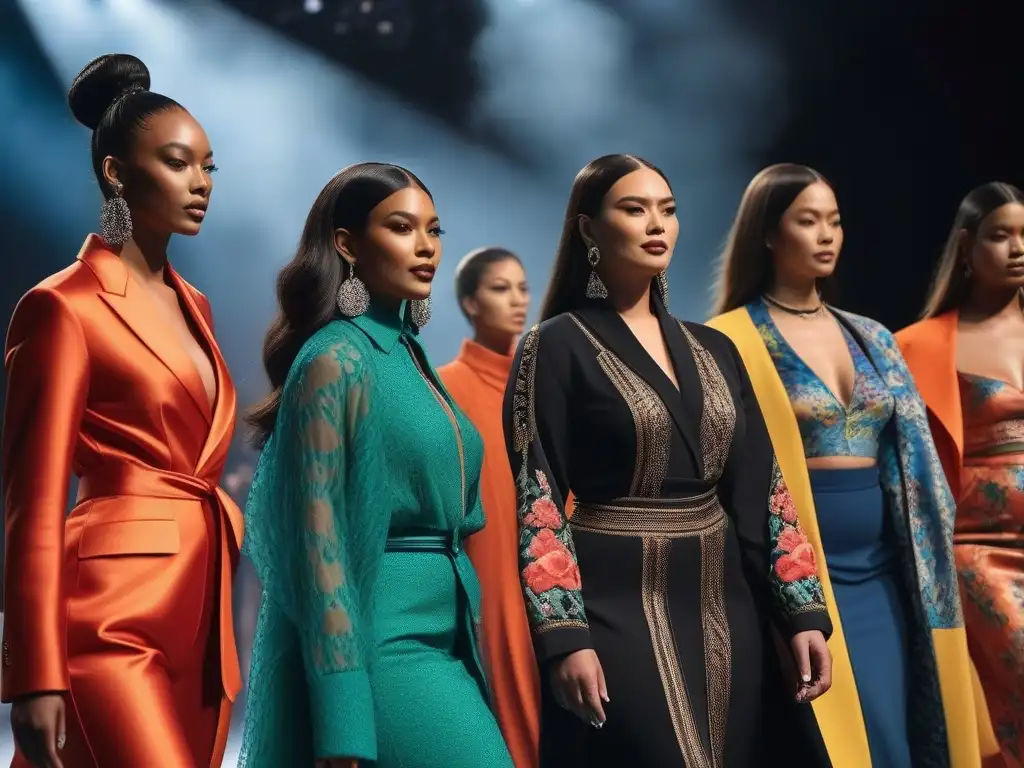 Desfile de moda inclusivo con diversidad de modelos y estilos Una pasarela de moda inclusiva con modelos de diversas tallas y etnias luciendo diseños colaborativos y elegantes