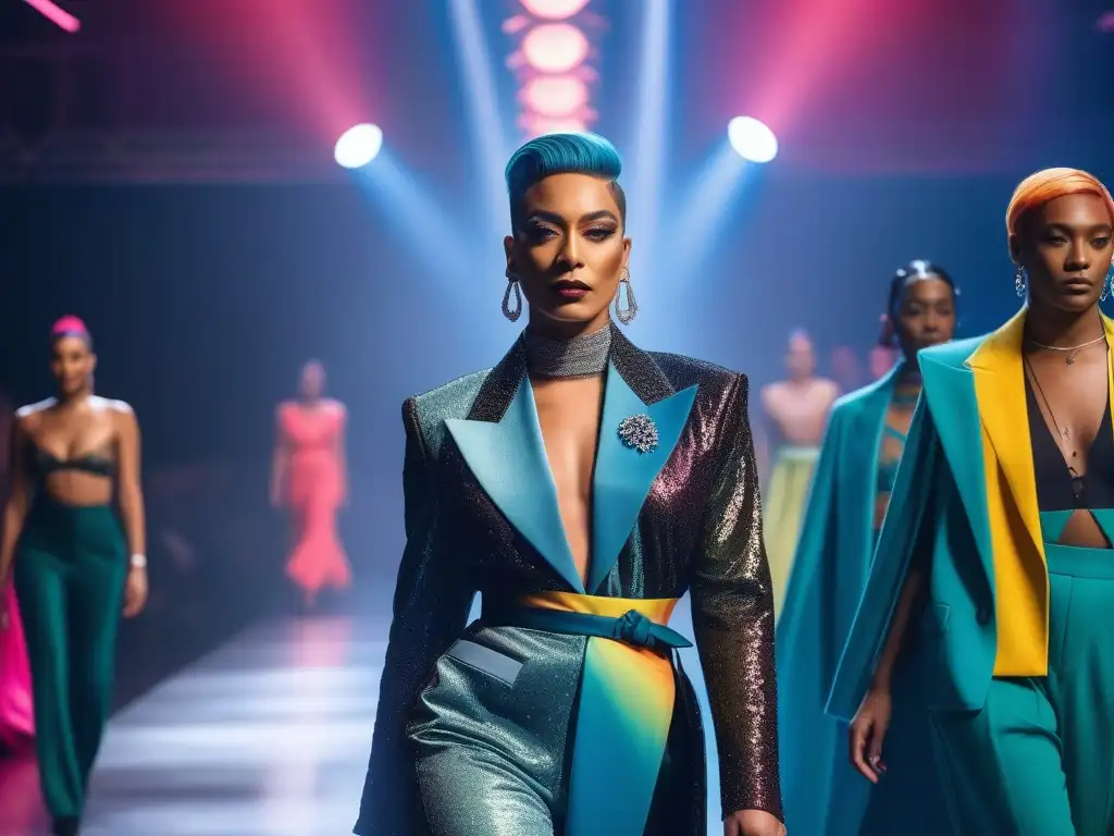 Desfile de moda inclusivo y empoderador con personas trans y no binarias Una pasarela de moda inclusiva para personas trans, con diseños empoderadores y vibrantes