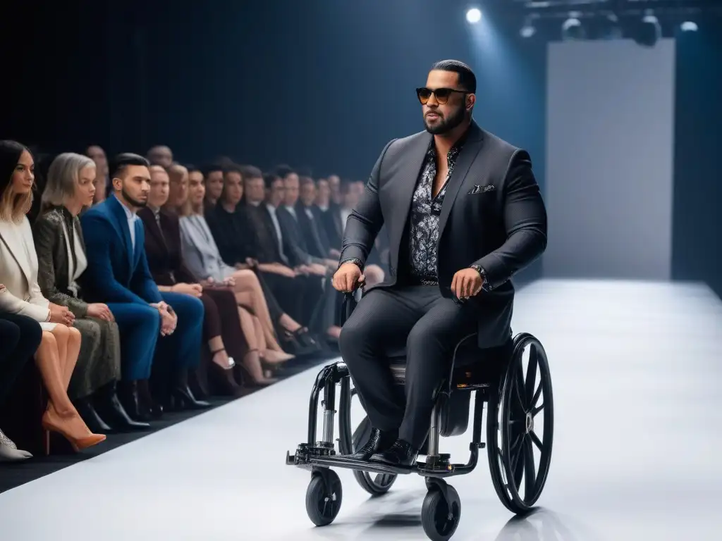 Desfile inclusivo de moda adaptativa: empoderamiento y estilo Una pasarela de moda inclusiva con personas con discapacidad luciendo prendas adaptativas, iluminados por luces brillantes