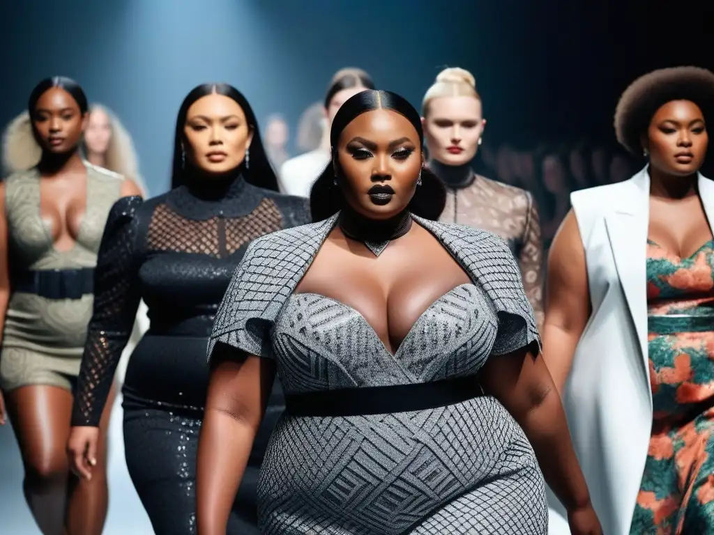 Desfile de moda plussize: diversidad, innovación y empoderamiento Una pasarela de moda inclusiva y poderosa con modelos de tallas grandes luciendo diseños vanguardistas