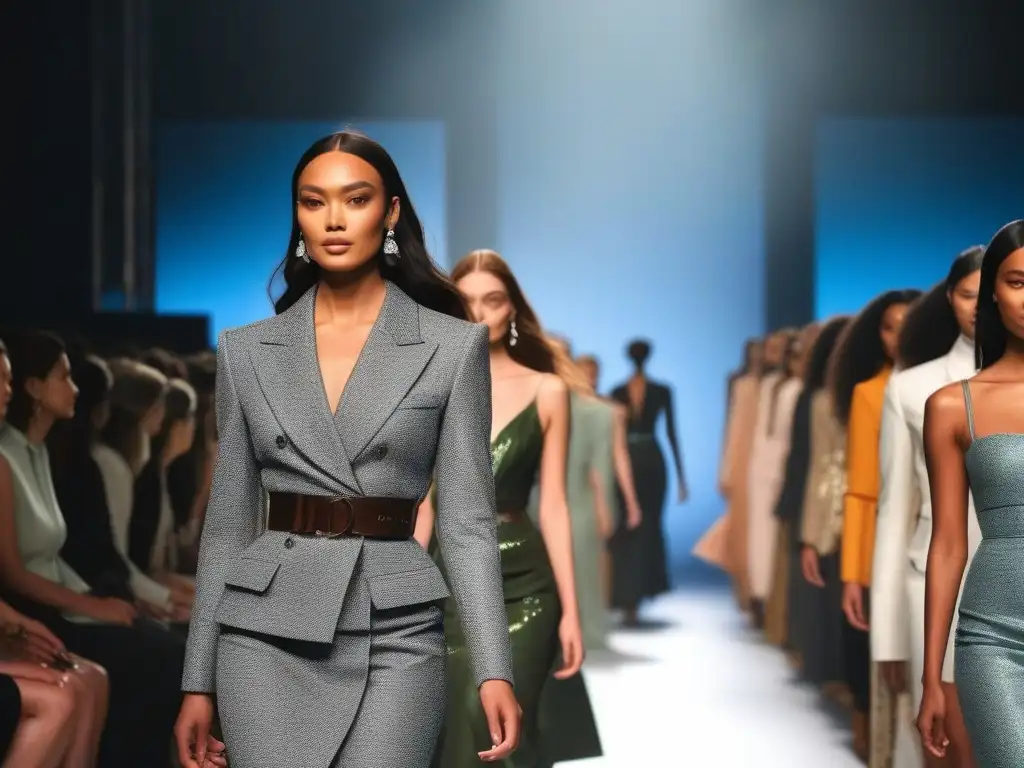 Desfile de moda inclusivo y sostenible: diversidad en la pasarela Una pasarela de moda inclusiva y sostenibilidad empresarial con modelos diversos desfilando y siendo aplaudidos por una audiencia variada