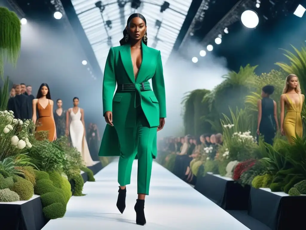 Desfile de moda inclusivo y sostenible: diversidad y estilo futurista Una pasarela de moda inclusiva y sostenible diferenciadora, con modelos diversos y prendas elegantes, en un escenario futurista y ecoamigable