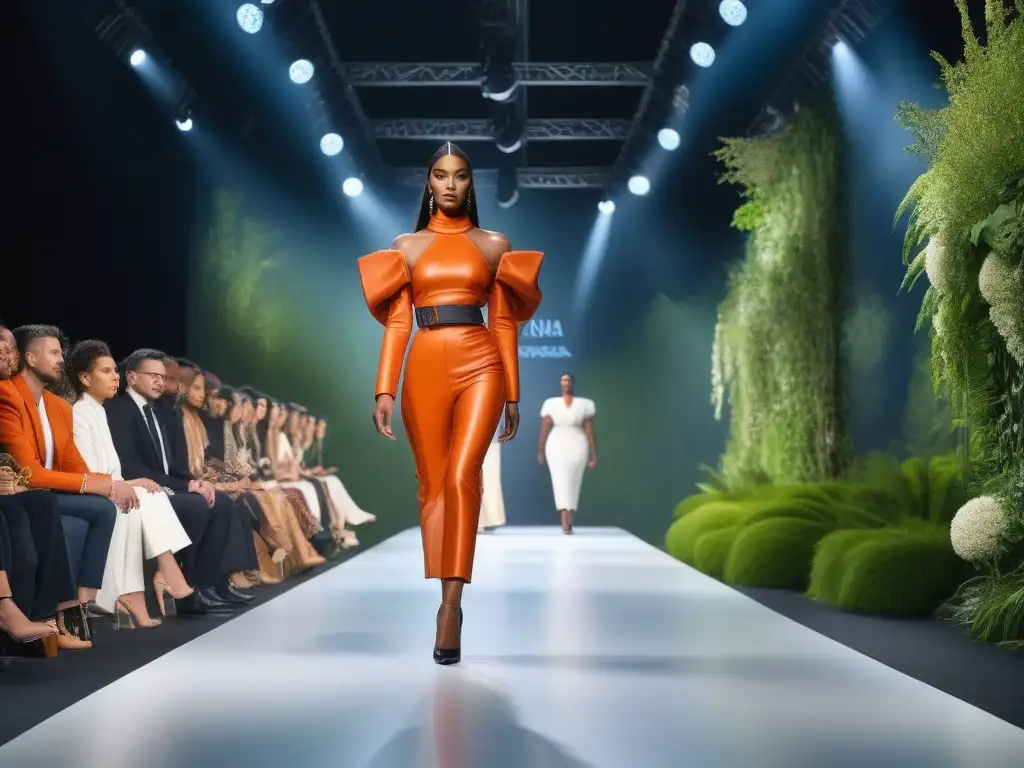Desfile de moda inclusivo y sostenible: diversidad y estilo Una pasarela de moda inclusiva y sostenible con modelos de diferentes cuerpos y etnias desfilando con confianza