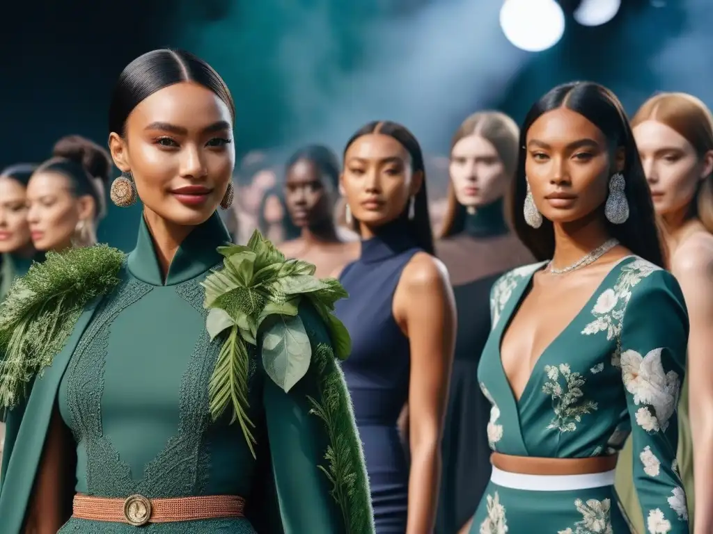 Pasarela de moda inclusiva y sostenible: diversidad y vibrancia Una pasarela de moda inclusiva y sostenible, con modelos de diversas etnias, cuerpos y habilidades, radiando diversidad y confianza