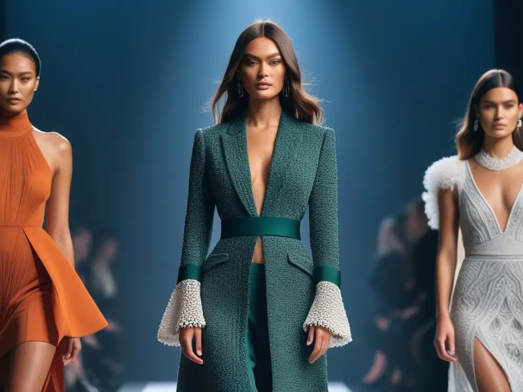 Desfile de moda inclusiva con mujeres empoderadas luciendo Chloé Una pasarela de moda inclusiva para todas las tallas con mujeres diversas exhibiendo elegantes prendas de Chloé, bajo una iluminación etérea y moderna