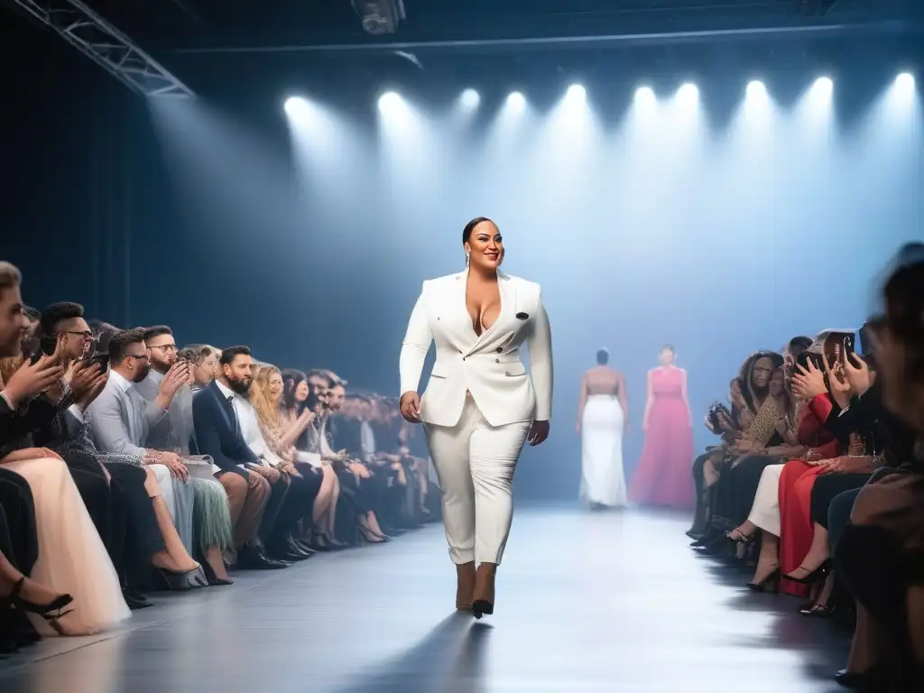 Desfile de moda inclusivo y empoderador Una pasarela de moda inclusiva para todas tallas, con personas diversas desfilando con confianza y estilo, rodeadas de espectadores aplaudiendo