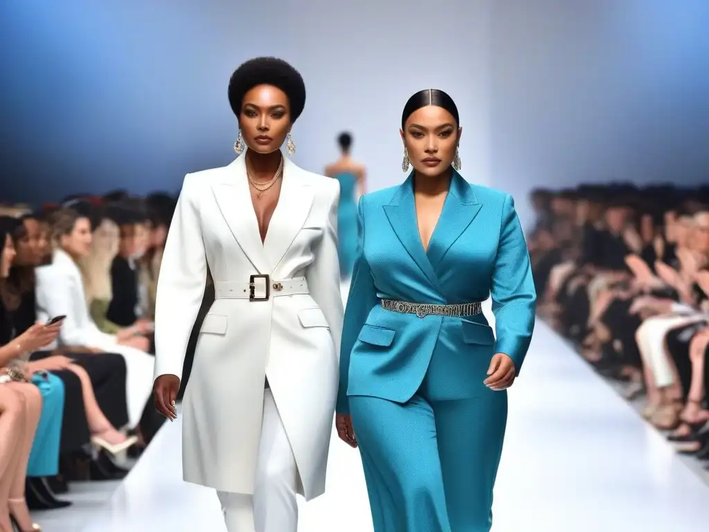 Desfile inclusivo de moda de lujo: diversidad en la pasarela Una pasarela de moda de lujo inclusiva y diversa, con modelos diversos desfilando con elegancia y confianza, mientras el público aplaude