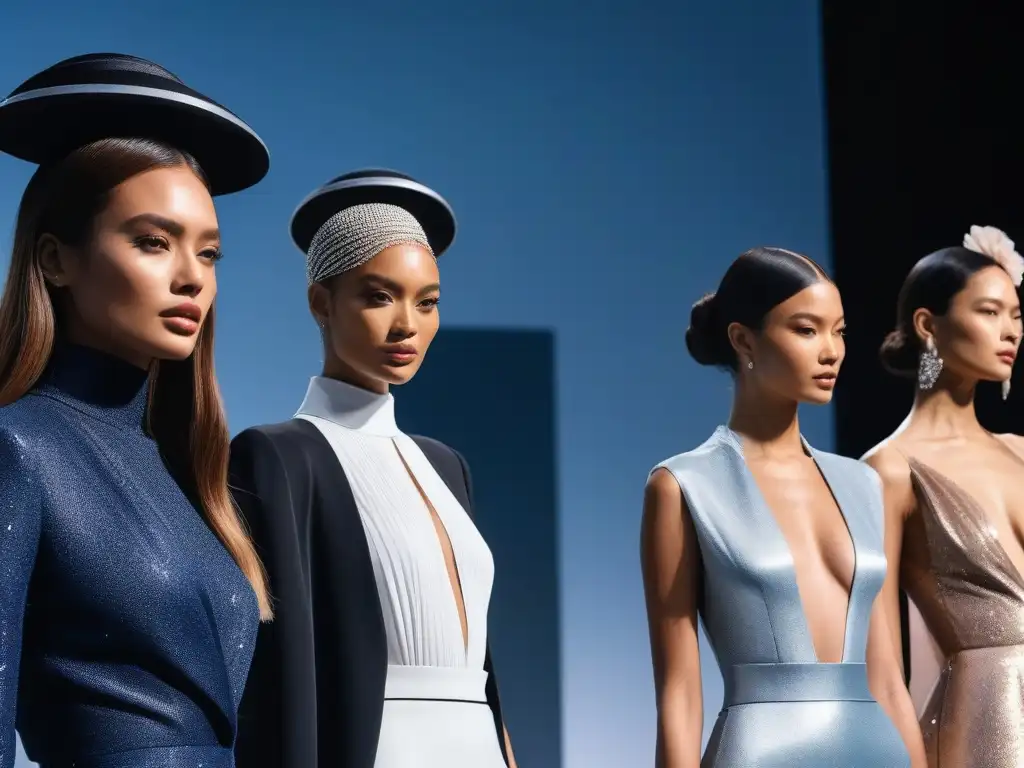 Diversidad y glamour en pasarela de moda de lujo Una pasarela de moda de lujo inclusiva y exclusiva, con modelos diversos exudando estilo y confianza, en un entorno moderno y vanguardista