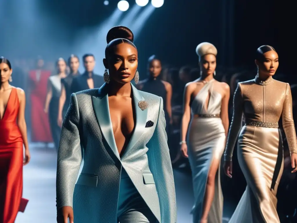 Pasarela de moda diversa y elegante: estilo y sofisticación Una pasarela de moda de lujo inclusiva y exclusiva, con personas elegantes de diversas etnias, edades y estilos caminando con confianza