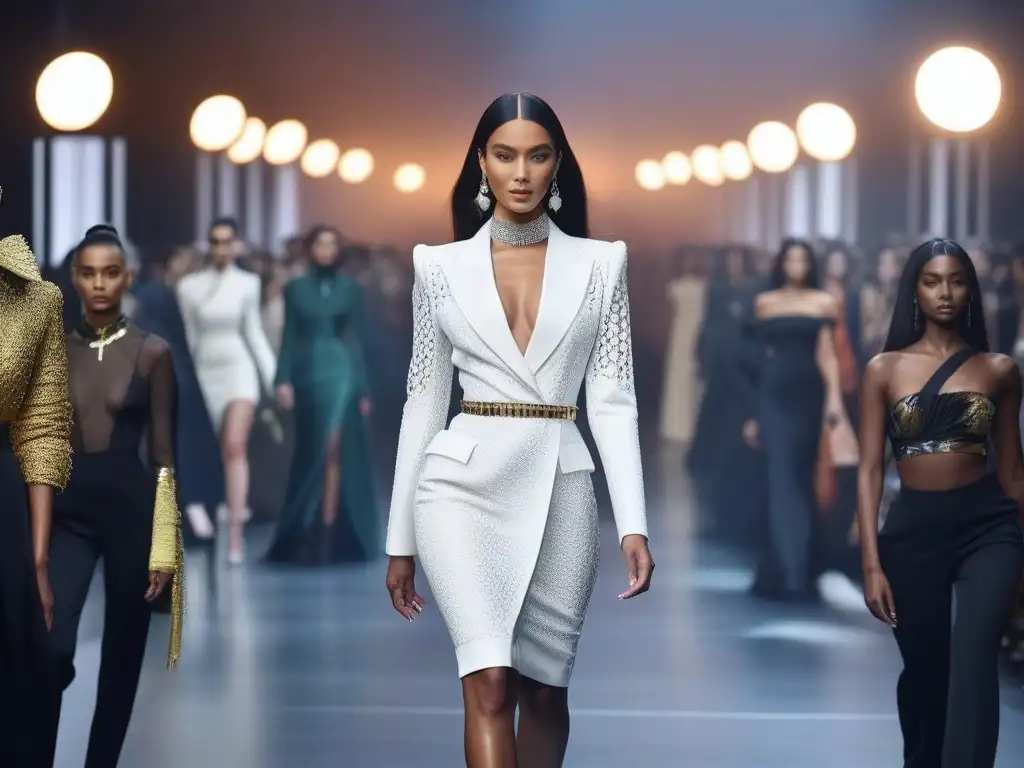Desfile de moda inclusivo y lujoso en un futuro brillante Una pasarela de moda de lujo inclusiva y exclusiva con modelos variados desfilando con confianza en un ambiente futurista y moderno