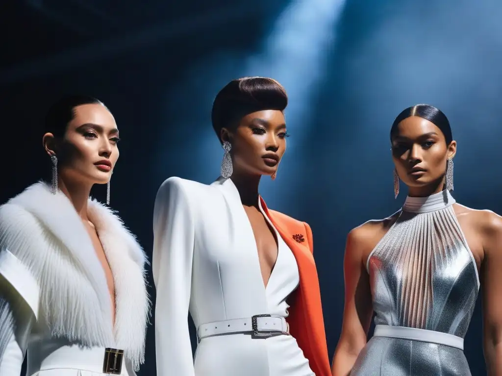 Desfile inclusivo: colección lujo con diversidad étnica y de género Una pasarela de moda de lujo inclusiva y diversa, con modelos de diferentes etnias, edades y cuerpos
