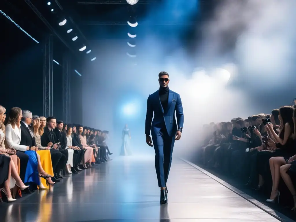 Desfile de moda: lujo y diversidad en pasarela futurista Una pasarela de moda de lujo para todos con modelos únicos desfilando en un ambiente vanguardista y elegante