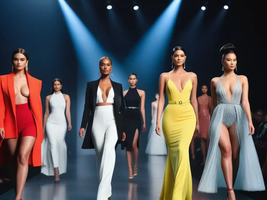 Desfile de moda inclusivo: diversidad de cuerpos brillando en la pasarela Una pasarela de moda de lujo para todos, con modelos diversos desfilando con confianza y empoderamiento