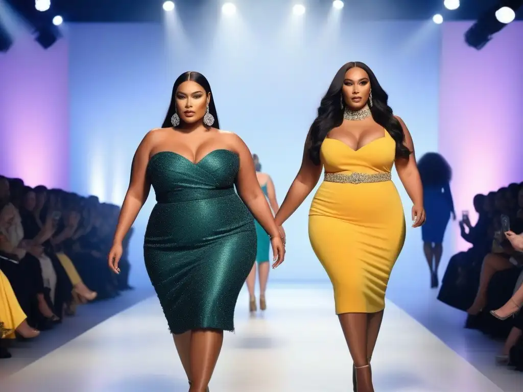 Una pasarela de moda de lujo con modelos de tallas grandes, elegantes y seguras, mostrando inclusividad y empoderamiento