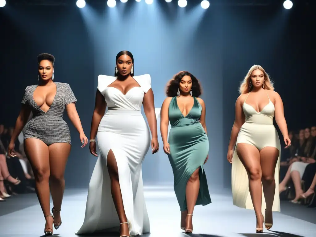 Una pasarela de moda lujo tallas grandes inclusiva con modelos elegantes y empoderadas desfilando ante espectadores cautivados