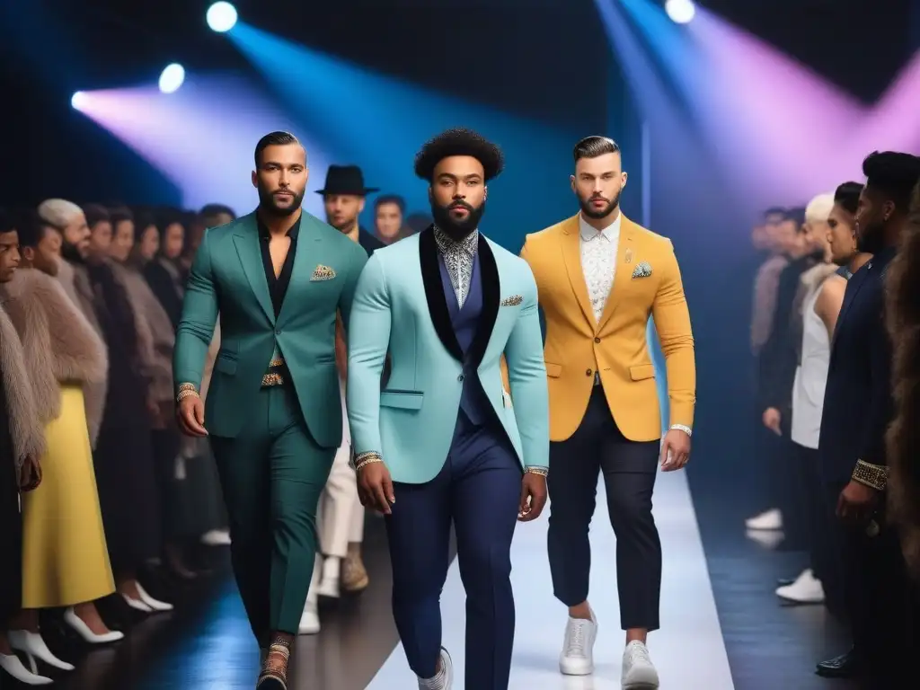 Desfile de moda inclusivo y moderno con hombres seguros y diversos Una pasarela de moda masculina inclusiva en un evento inspirador, con hombres diversos desfilando con confianza y estilo