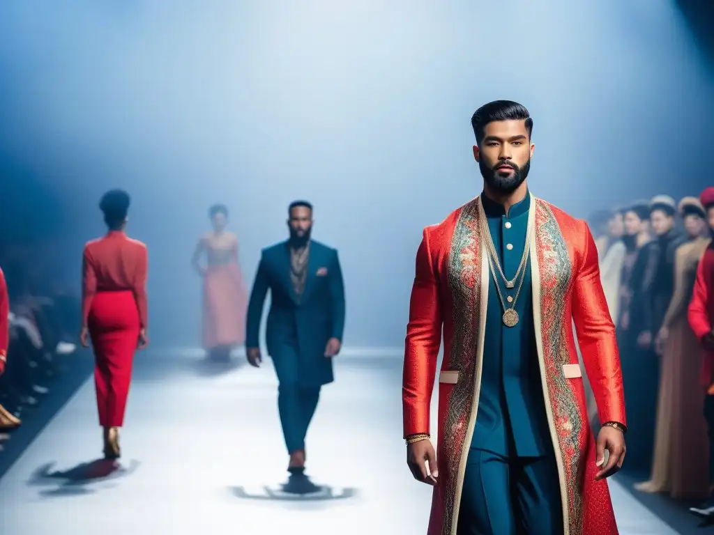 Pasarela de moda inclusiva: hombres fusionan culturas con estilo Una pasarela de moda masculina inclusiva de diferentes culturas, fusionando tradición y modernidad en un desfile vibrante y diverso
