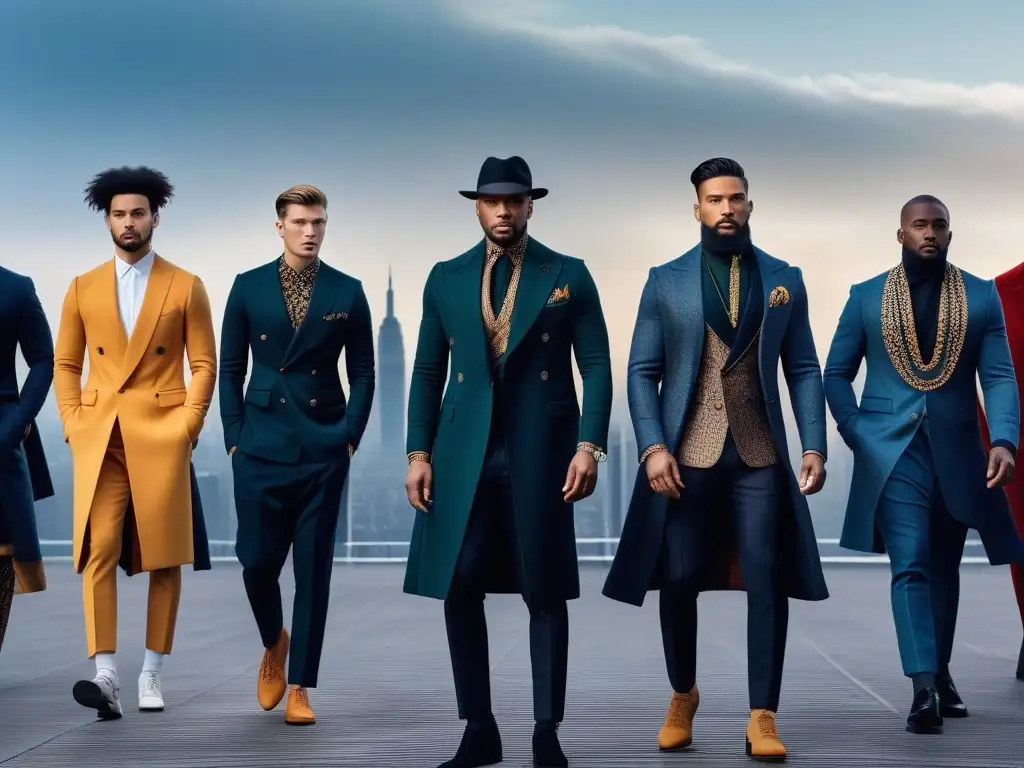 Una pasarela de moda masculina inclusiva donde diseñadores de diversas culturas presentan sus creaciones al atardecer en la ciudad