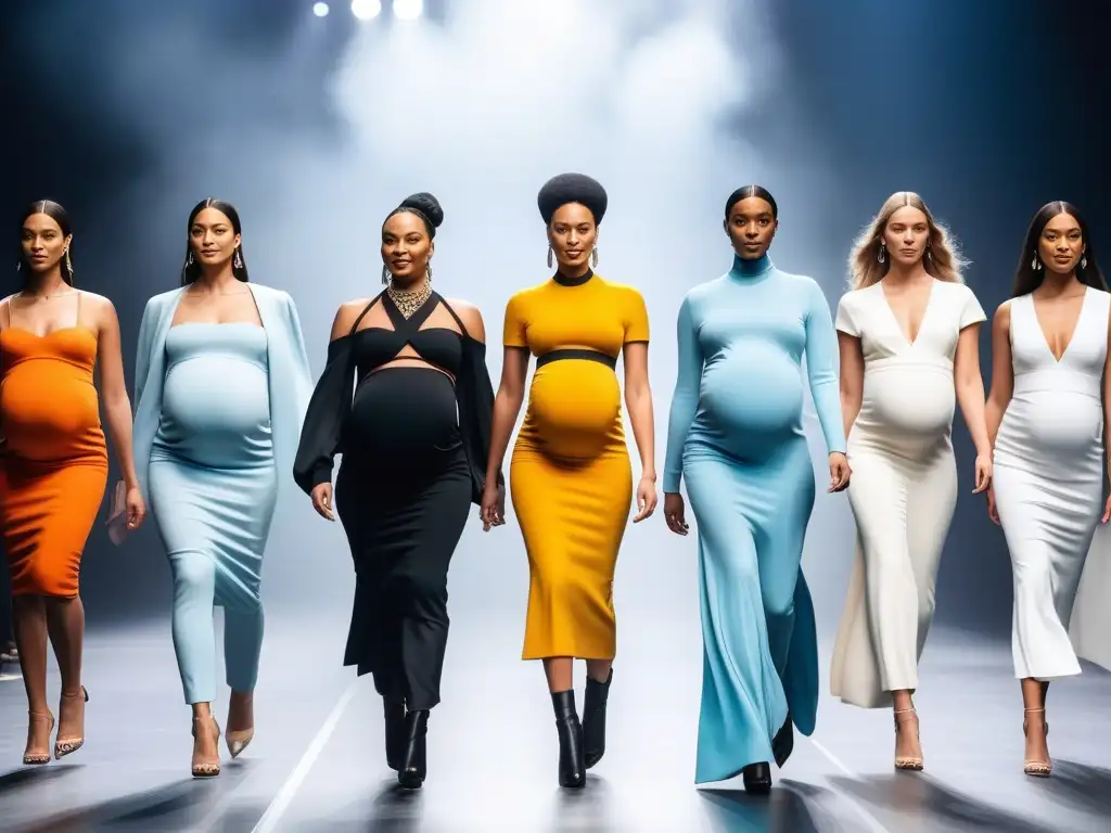 Desfile de moda prenatal inclusivo y empoderador Una pasarela de moda maternidad inclusiva con mujeres embarazadas de diferentes razas y estilos, diseñadores transformando la industria