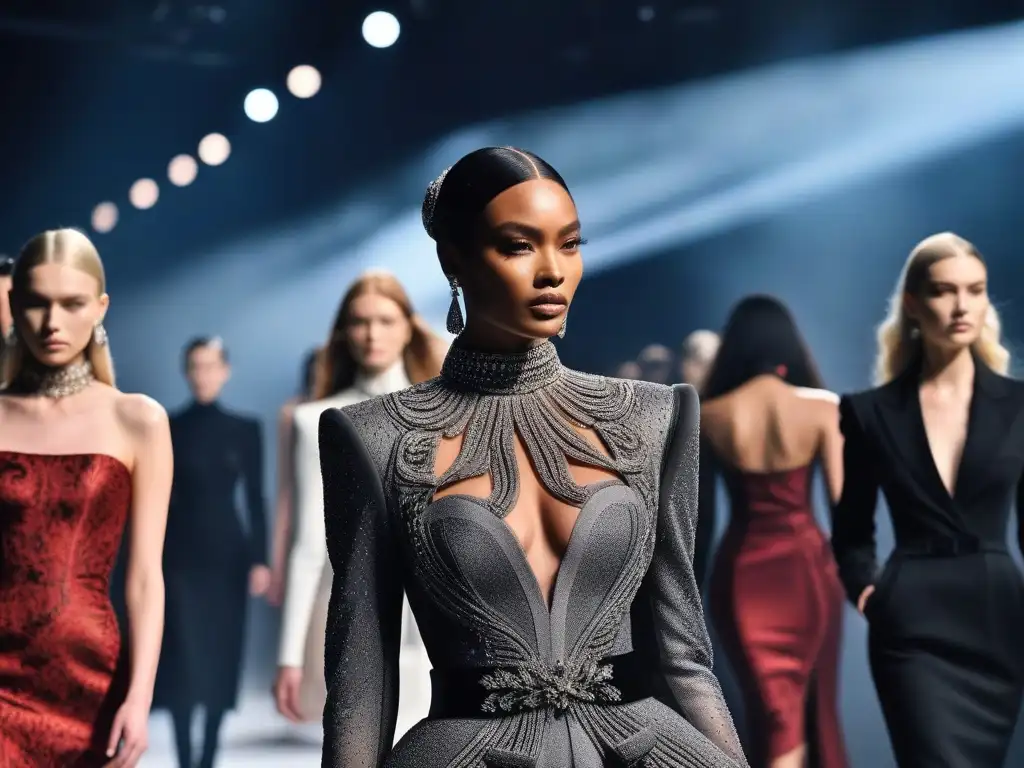 Desfile de moda inclusivo: diversidad y estilo en la pasarela Una pasarela de moda con modelos diversos exhibiendo diseños avant-garde de Alexander McQueen