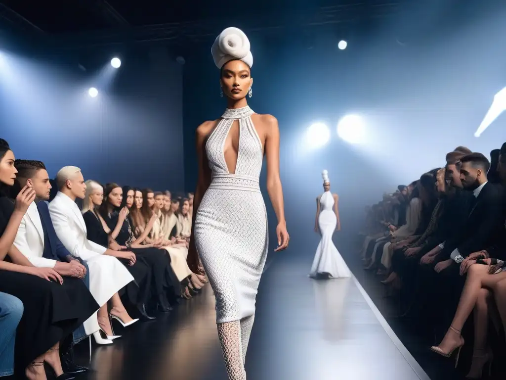 Desfile de moda: Diversidad en alta costura de Jean Paul Gaultier Una pasarela de moda con modelos diversos luciendo diseños de vanguardia de Jean Paul Gaultier