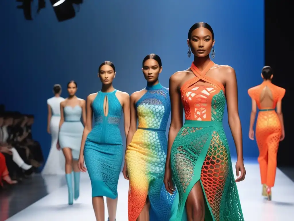 Desfile de moda 3D: Vanguardia inclusiva en 8k Una pasarela de moda con modelos diversos luciendo diseños impresos en 3D, fusionando tecnología y moda inclusiva