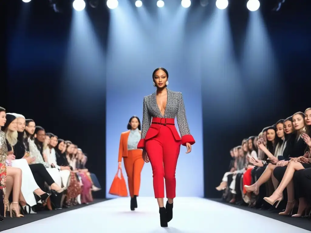Una pasarela de moda petite con modelos diversos exhibiendo diseños inclusivos, destacando marcas y la diversidad en la moda