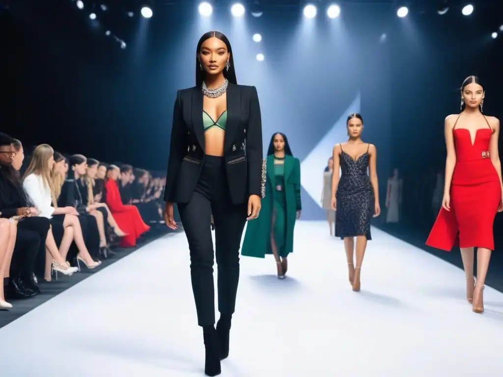 Una pasarela de moda petite con modelos diversas luciendo diseños inclusivos de marcas destacadas, irradiando confianza y empoderamiento