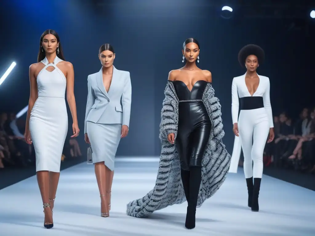 Desfile de moda alta diversidad étnica y elegancia Una pasarela de moda tall con modelos diversos y elegantes, representando la tendencia global inclusiva