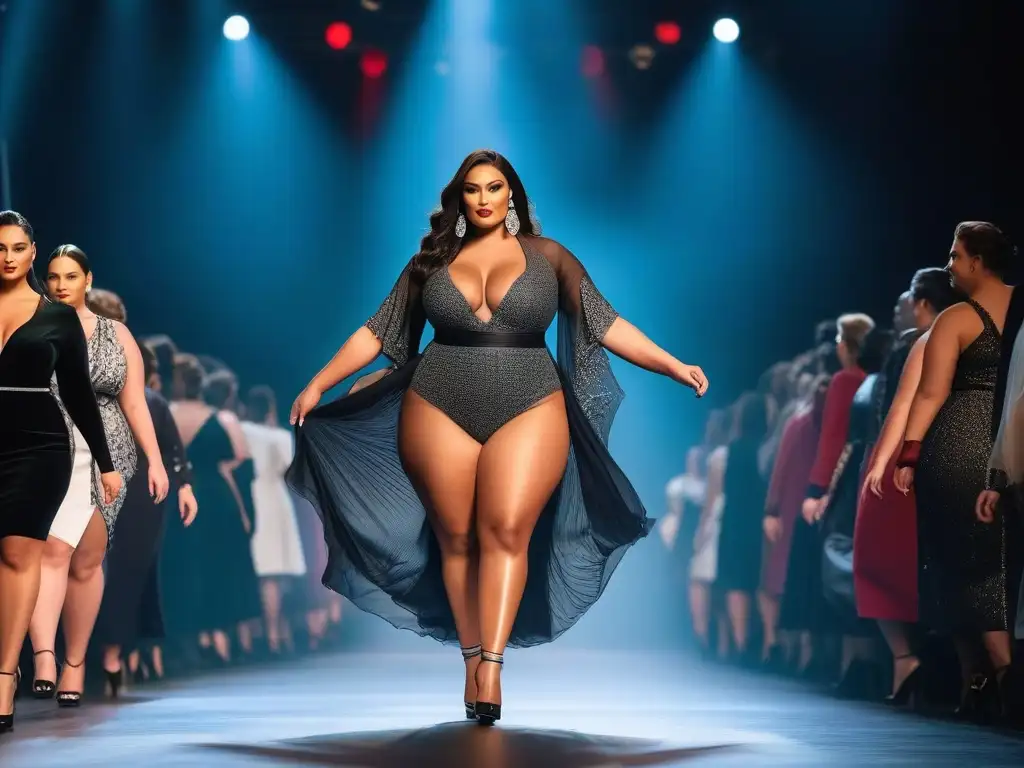 Desfile de moda plussize: diversidad y empoderamiento Una pasarela de moda con modelos plus size de diversas etnias y estilos, empoderando la importancia de la diversidad de cuerpos en la moda