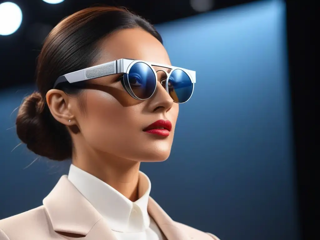 Desfile de moda futurista con smart glasses de lujo Pasarela de moda con modelos usando gafas inteligentes de diseño, ambiente sofisticado y futurista