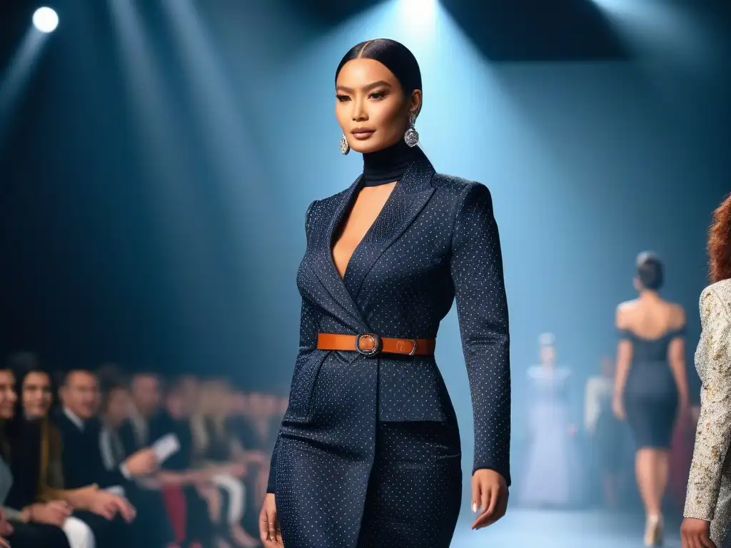 Desfile inclusivo: modelos diversos desfilan con confianza y estilo moderno Una pasarela de moda con modelos diversos desfilando juntos en atuendos inclusivos