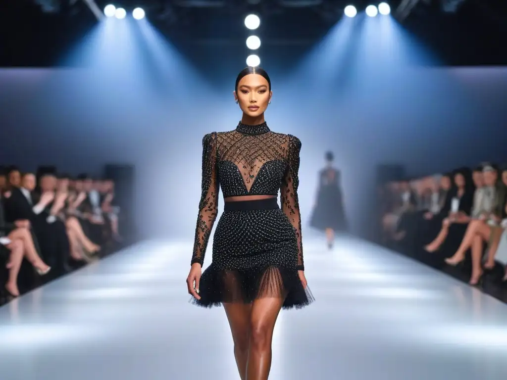 Desfile de moda: diversidad étnica en haute couture Una pasarela de moda con modelos petite de distintas etnias luciendo diseños de alta costura