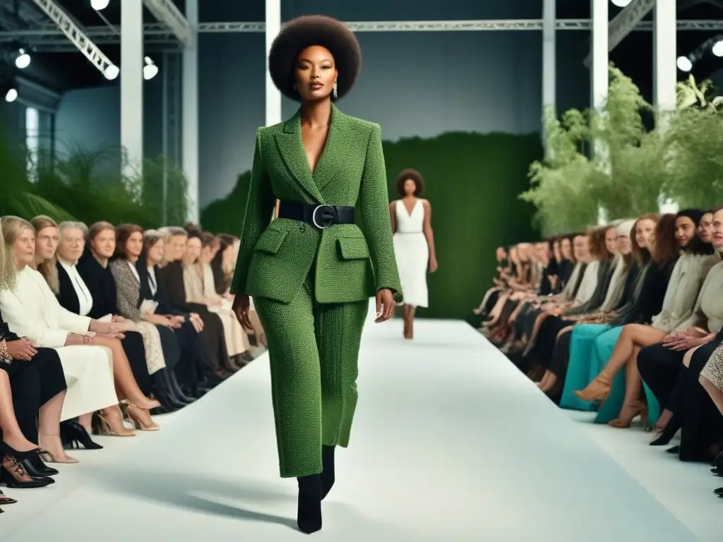 Desfile de moda sostenible: diversidad y estilo en museo ecológico Una pasarela de moda sostenible para todos cuerpos en un museo moderno con arquitectura ecológica y mucha vegetación