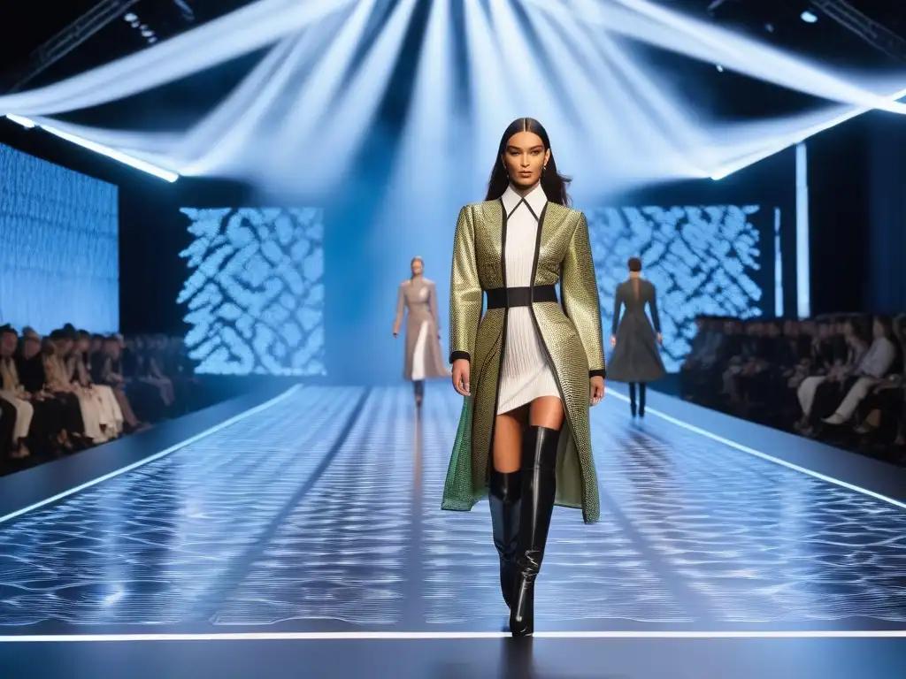 Pasarela Futurista Eco-Friendly: Moda y Tecnología en Armonía Una pasarela de moda sostenible en 3D con diseños ecológicos y tecnología LED