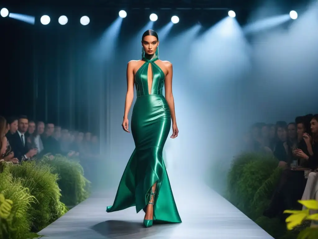 Pasarela ecofashion: moda sostenible y elegante Una pasarela de moda sostenible futurista con diseño elegante en materiales reciclados