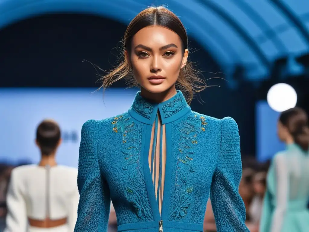 Desfile eco-friendly futurista: moda sostenible en 2023 Pasarela de moda sostenible futurista con modelos luciendo tendencias moda sostenible 2023 en un entorno eco-amigable y tecnológico