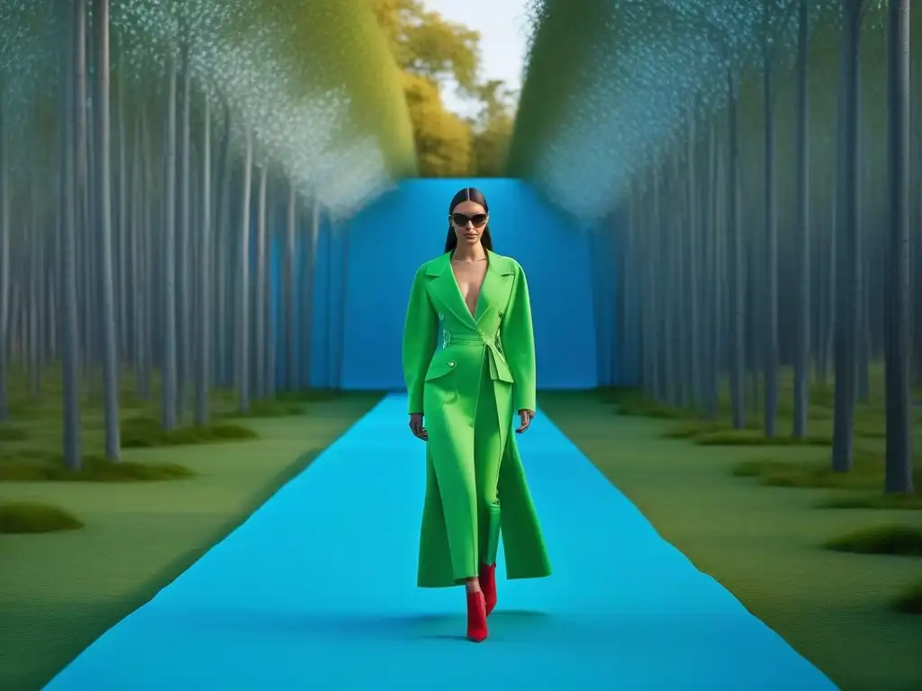 Desfile de moda ecoconsciente en pasarela de algodón orgánico verde Una pasarela de moda sostenible hecha de algodón orgánico, rodeada de naturaleza