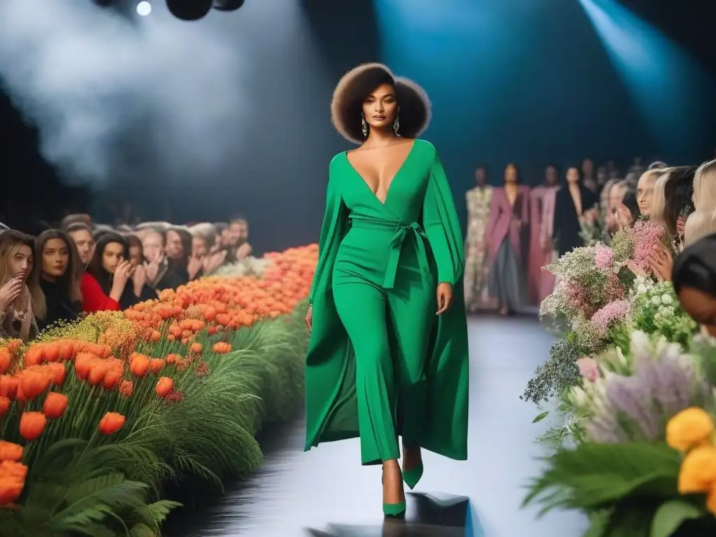 Desfile ecológico: moda inclusiva y sostenible Una pasarela de moda sostenible inclusiva y diversa, con modelos de diversas etnias, cuerpos y edades desfilando con confianza en prendas ecológicas
