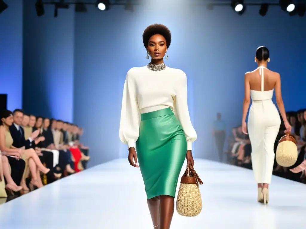 Desfile de moda ecofriendly: elegancia sostenible en la pasarela Una pasarela de moda sostenible con modelos luciendo accesorios eco amigables en un ambiente elegante y sofisticado