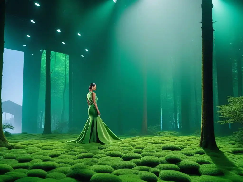 Pasarela ecológica de moda con telas biodegradables en musgo verde Una pasarela de moda ecoconsciente con tejidos biodegradables en tonos terrosos, bajo luces LED ecoamigables
