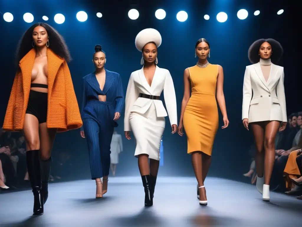 Desfile de moda sostenible: diversidad y estilo para todos Una pasarela de moda vanguardista con modelos diversos exhibiendo prendas de lana sostenible para todos los cuerpos