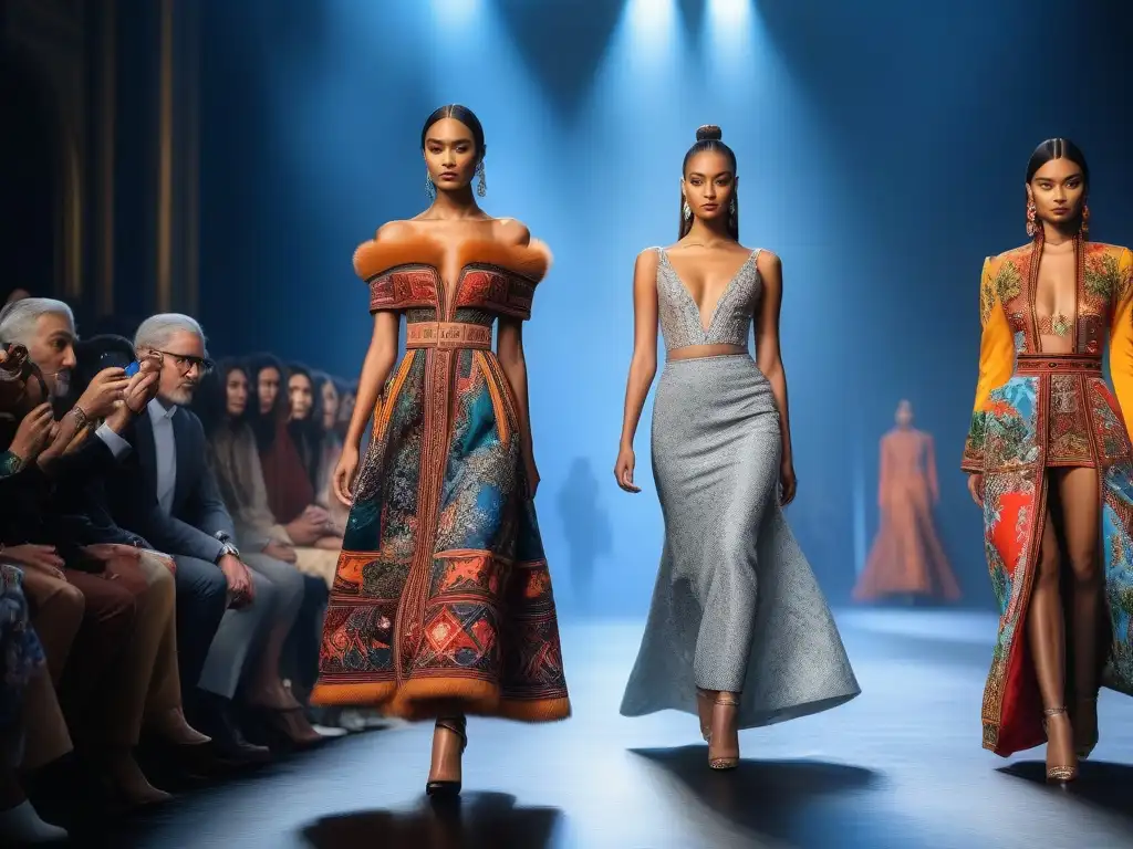 Desfile de moda multicultural: diversidad y elegancia en 8k Una pasarela de moda vibrante con modelos de distintos orígenes luciendo prendas únicas y coloridas