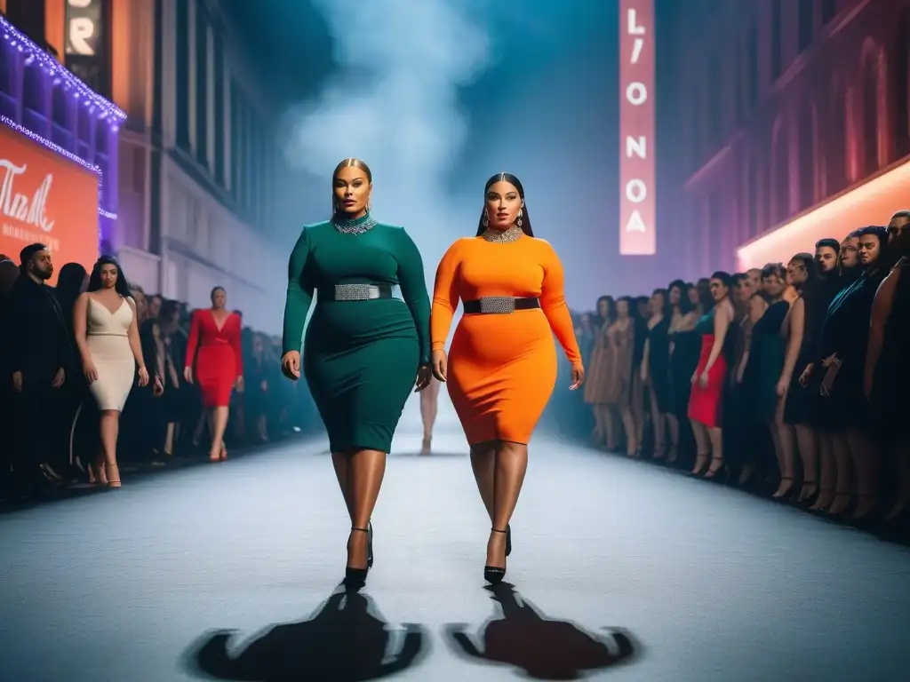 Desfile de moda inclusiva: modelos diversos empoderados Una pasarela con modelos diversos, exhibiendo moda inclusiva para todos cuerpos, en una ciudad vibrante