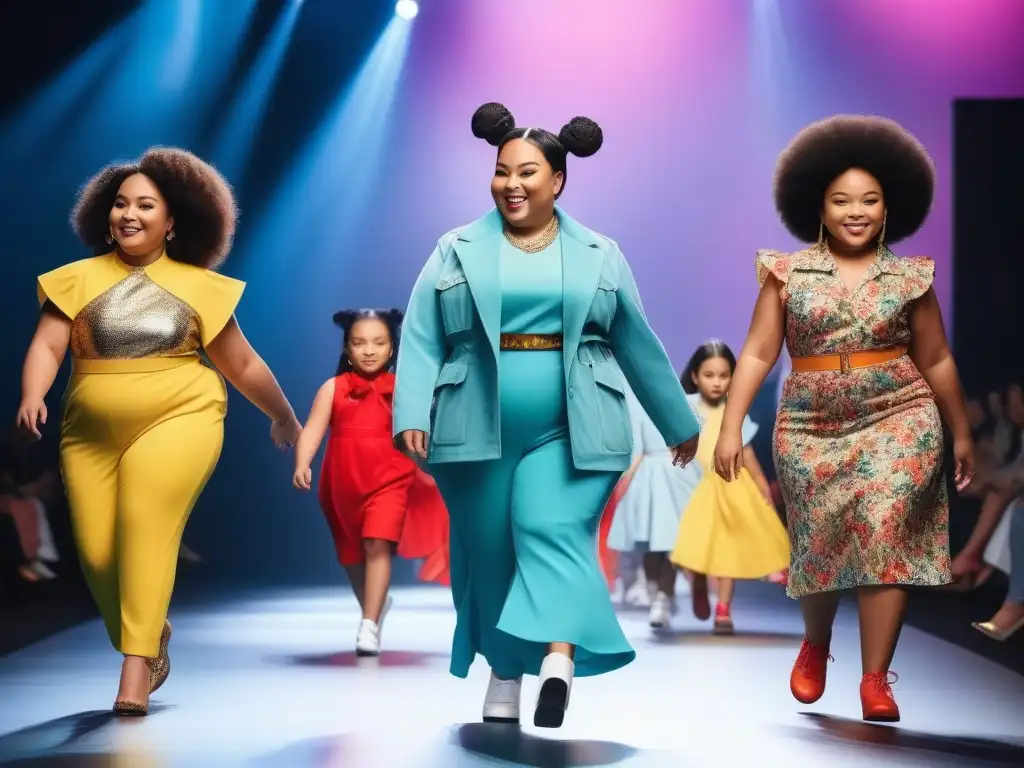 Desfile de moda infantil plus size: diversidad y alegría Una pasarela moderna y brillante con niños felices de diversas etnias y tallas luciendo moda infantil plus size exclusiva