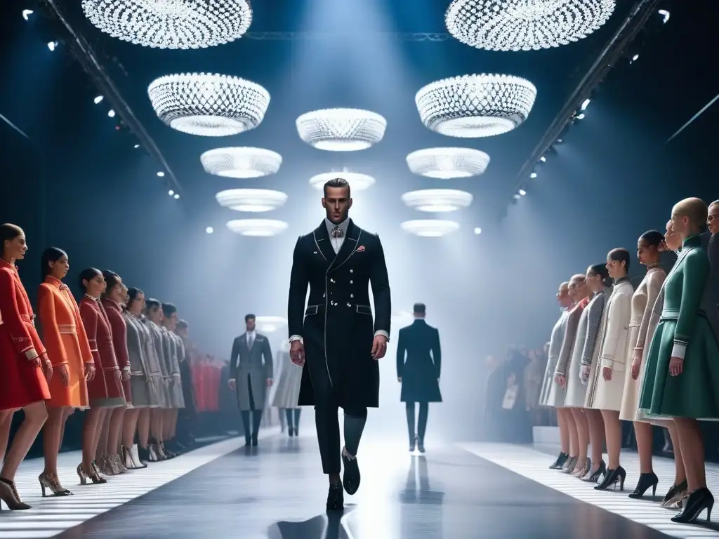 Desfile de moda Thom Browne: Diversidad y elegancia en 8k Una pasarela moderna y dinámica donde modelos de todas las tallas y orígenes desfilan con diseños de Thom Browne