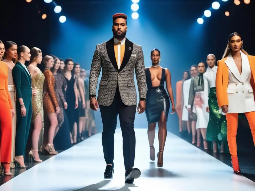 Desfile de moda inclusivo: diversidad de género y estilos en la pasarela Una pasarela moderna y diversa, con modelos de diferentes identidades de género y estilos, simbolizando la inclusividad de género en moda